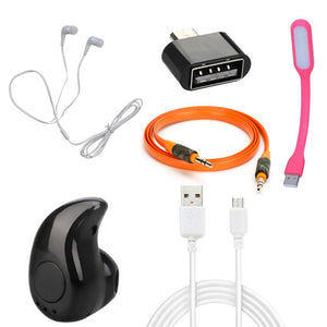 Combo Of Mini Bluetooth Earphone With OTG, Aux Cable, Data Cable & USB Light