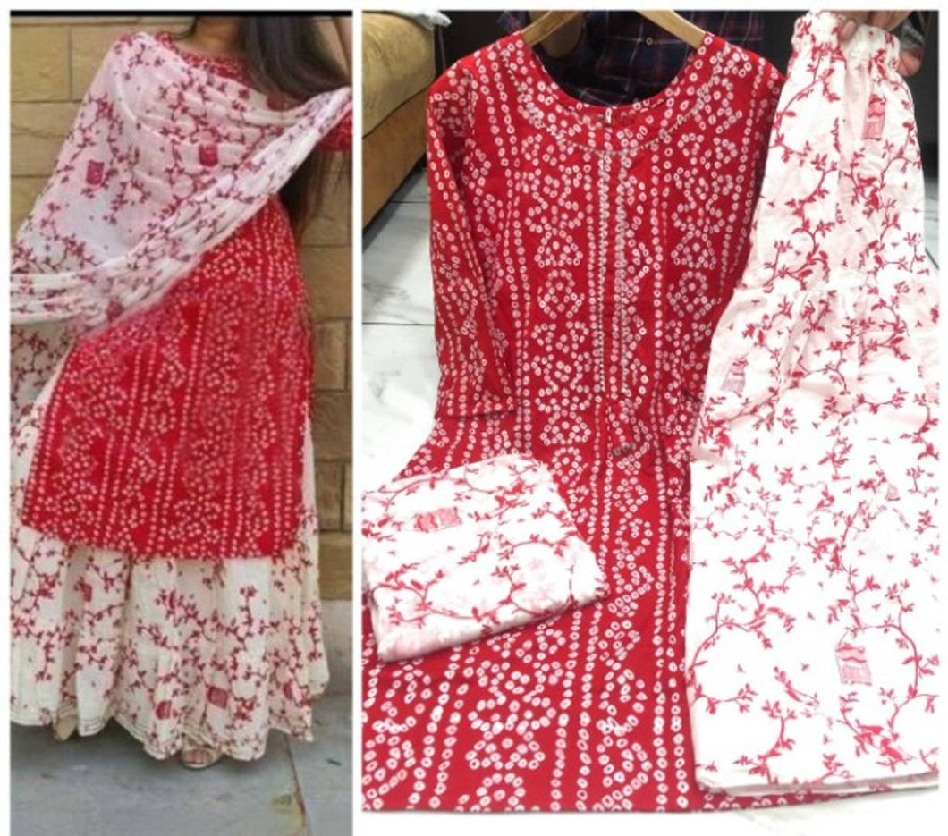 Elite Red Rayon Cotton Printed Women Kurta Skirt Set with Dupatta